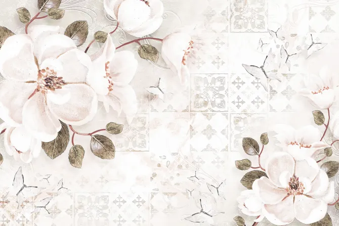 Fototapeta: Botaniczny wzór z białymi kwiatami i motylami na tle mozaiki