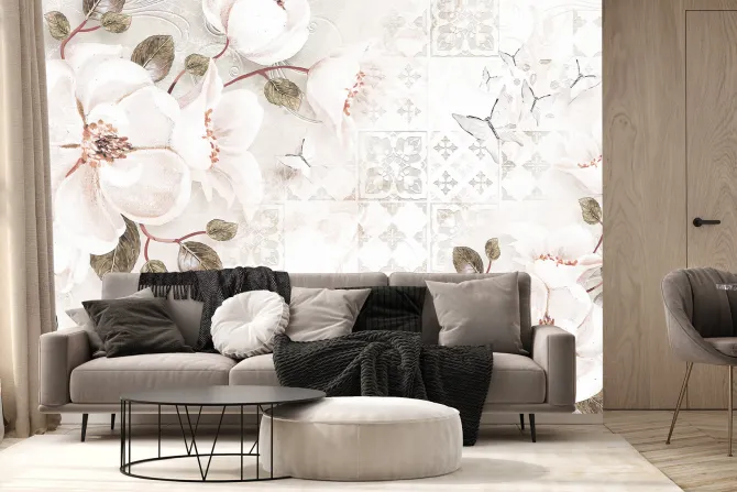 Fototapeta: Botaniczny wzór z białymi kwiatami i motylami na tle mozaiki