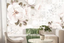 Fototapeta: Botaniczny wzór z białymi kwiatami i motylami na tle mozaiki