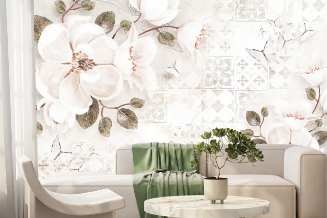 Fototapeta: Botaniczny wzór z białymi kwiatami i motylami na tle mozaiki