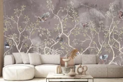 Fototapeta: Botaniczny wzór z krzewami i ptakami