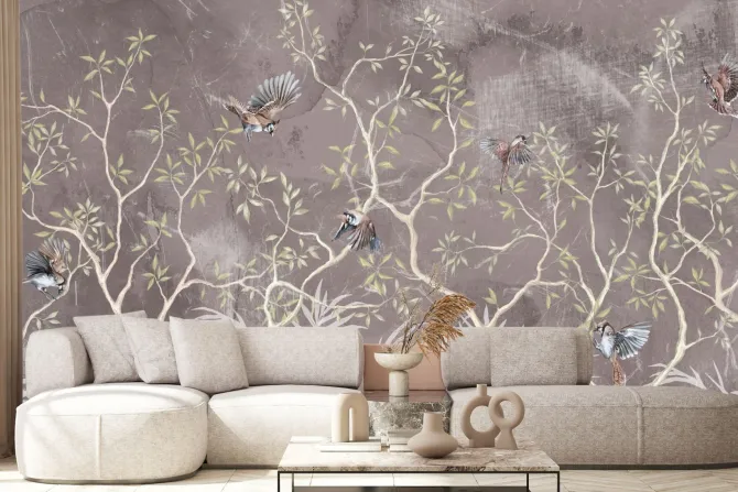 Fototapeta: Botaniczny wzór z krzewami i ptakami