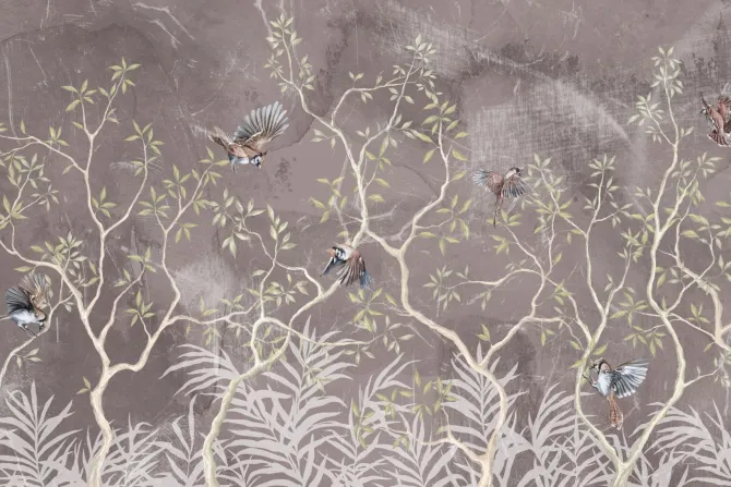 Fototapeta: Botaniczny wzór z krzewami i ptakami