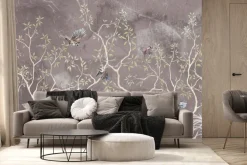 Fototapeta: Botaniczny wzór z krzewami i ptakami