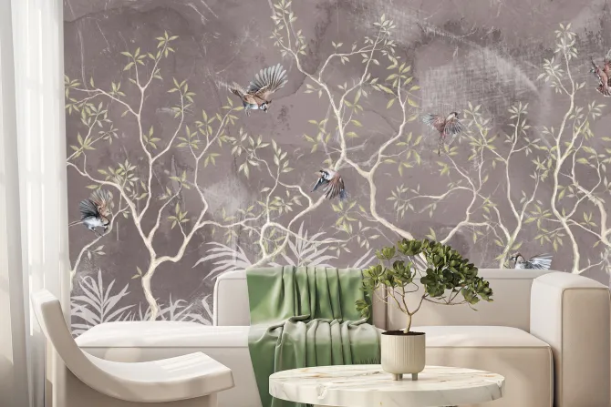 Fototapeta: Botaniczny wzór z krzewami i ptakami