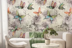 Fototapeta: Botaniczny wzór motyli i kwiatów na betonowym tle z efektem tekstury