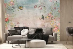 Fototapeta: Botaniczny wzór z kwiatami i ptakami