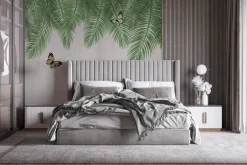 Fototapeta: Botaniczny wzór zielone liście palmowe z motylami na tle z teksturą