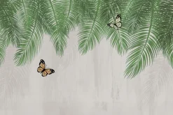 Fototapeta: Botaniczny wzór zielone liście palmowe z motylami na tle z teksturą