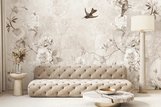 Fototapeta: Botaniczny wzór z ptakami i drzewami