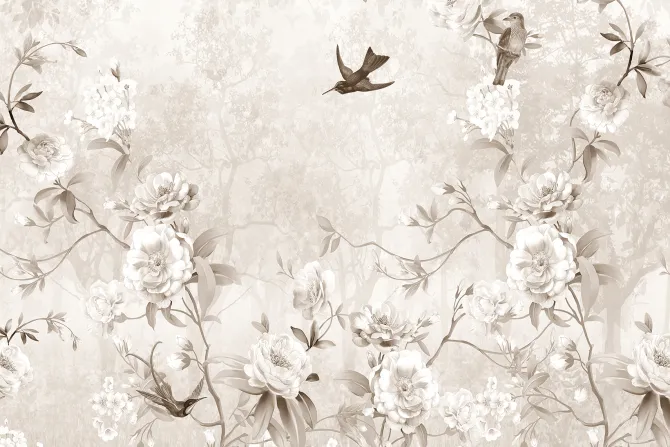 Fototapeta: Botaniczny wzór z ptakami i drzewami