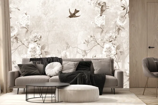 Fototapeta: Botaniczny wzór z ptakami i drzewami