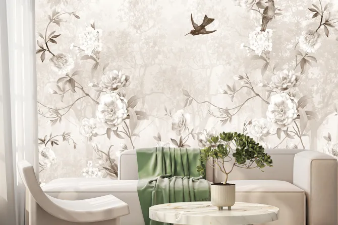 Fototapeta: Botaniczny wzór z ptakami i drzewami