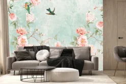 Fototapeta: Botaniczny wzór z ptakami i drzewami