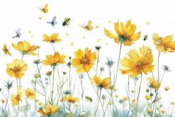 Fototapeta: Botaniczny wzór z żółtymi kwiatami polnymi motylami i owadami