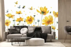 Fototapeta: Botaniczny wzór z żółtymi kwiatami polnymi motylami i owadami