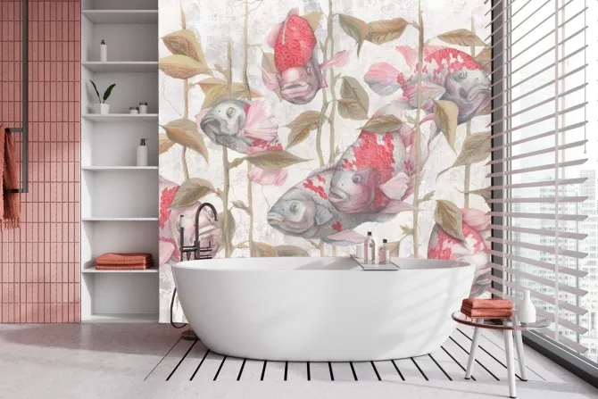 Fototapeta: Botaniczny wzór z rybami i zielenią na betonowym tle z efektem