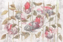 Fototapeta: Botaniczny wzór z rybami i zielenią na betonowym tle z efektem