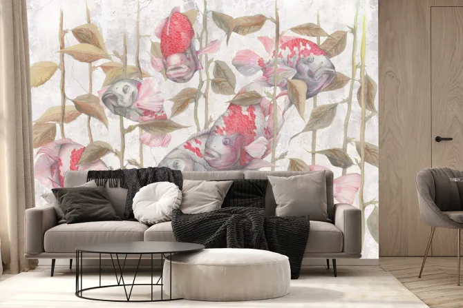 Fototapeta: Botaniczny wzór z rybami i zielenią na betonowym tle z efektem