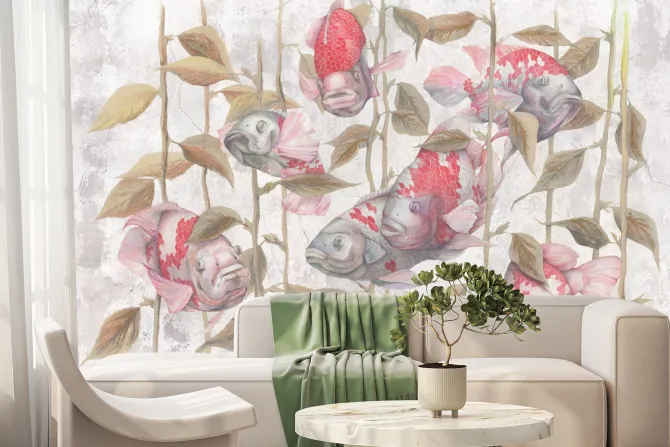 Fototapeta: Botaniczny wzór z rybami i zielenią na betonowym tle z efektem