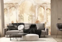 Fototapeta: Brama i kolumny architektura czerwone kwiaty teksturowe tło