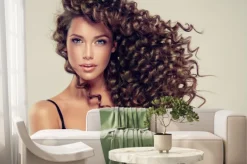 Fototapeta: Brunetka dziewczyna z długimi i błyszczącymi kręcone włosy. piękny