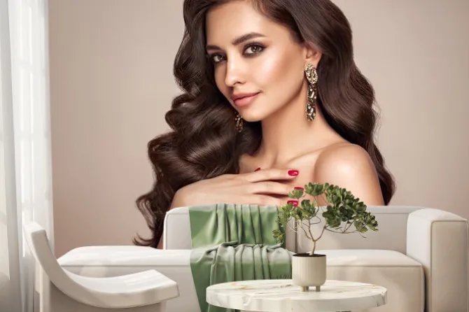 Fototapeta: Brunette girl with perfect makeup. smiling beautiful model woman