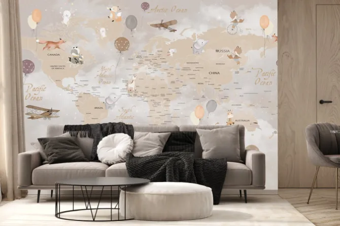 Fototapeta: Brązowa mapa świata ze zwierzętami