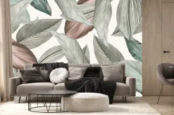 Fototapeta: Brązowe i zielone liście tropikalne na jasnym tle