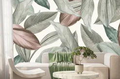 Fototapeta: Brązowe i zielone liście tropikalne na jasnym tle