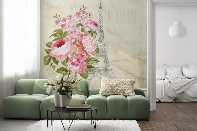 Fototapeta: Bukiet kwiatów na tle wieży eiffla i napisów