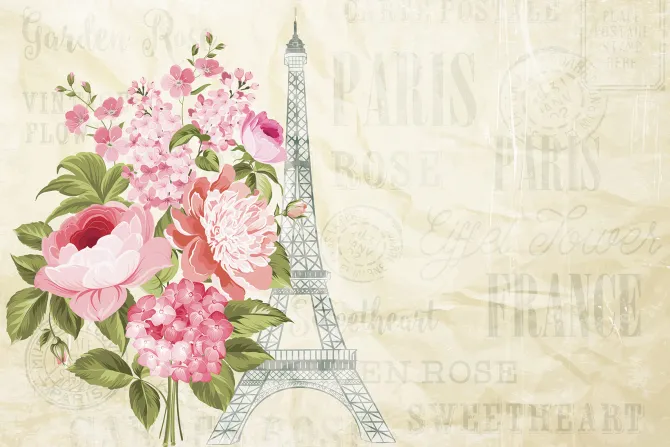 Fototapeta: Bukiet kwiatów na tle wieży eiffla i napisów