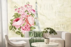 Fototapeta: Bukiet kwiatów na tle wieży eiffla i napisów