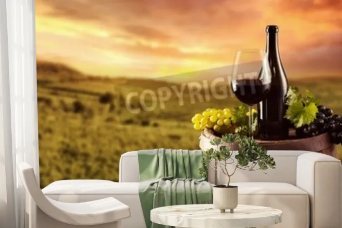 Fototapeta: Butelkę czerwonego wina i szkła na drewnianej beczce. winnica