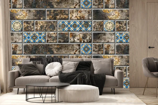 Fototapeta: Ceglana ściana z ornamentowymi wzorami