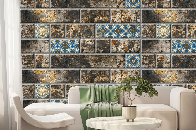 Fototapeta: Ceglana ściana z ornamentowymi wzorami