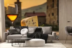 Fototapeta: Cheese and wine on background of italian landscape. based on