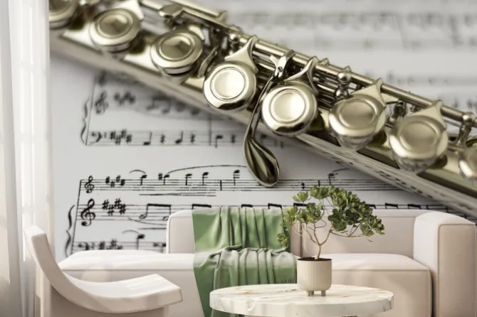 Fototapeta: Close up flute on flute sheet music background