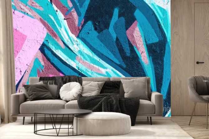 Fototapeta: Closeup of colorful teal, pink and purple urban wall texture.