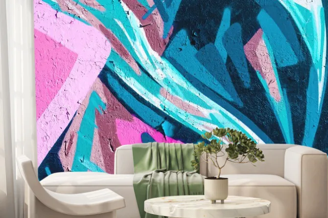 Fototapeta: Closeup of colorful teal, pink and purple urban wall texture.