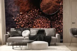 Fototapeta: Coffee beans, ground coffee and instant coffee on a dark background
