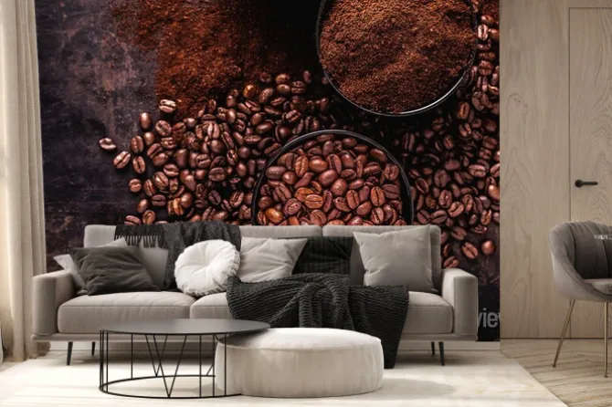 Fototapeta: Coffee beans, ground coffee and instant coffee on a dark background
