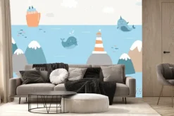 Fototapeta: Cute childrens landscape illustration with sea animals, mountains,