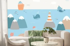 Fototapeta: Cute childrens landscape illustration with sea animals, mountains,