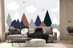 Fototapeta: Cute mountains, moon and clouds in pastel colors. for baby wallpapers,