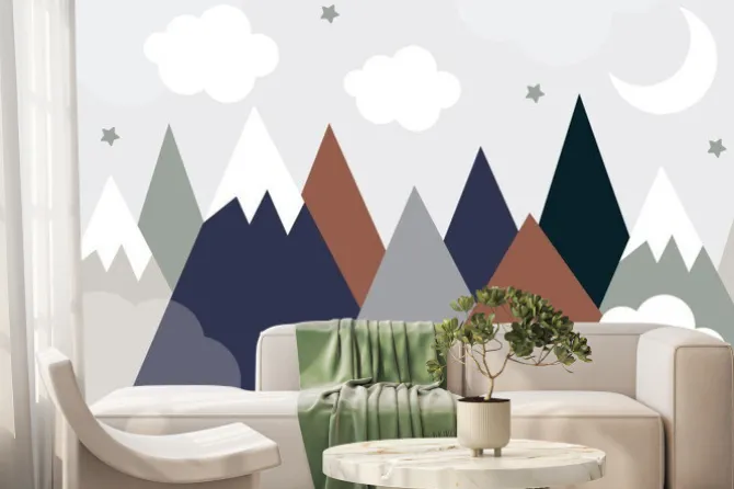 Fototapeta: Cute mountains, moon and clouds in pastel colors. for baby wallpapers,