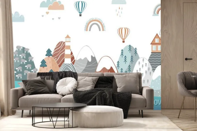 Fototapeta: Cute seamless landscape pattern with sea waves, mountains, lighthouse,