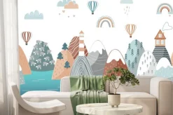 Fototapeta: Cute seamless landscape pattern with sea waves, mountains, lighthouse,