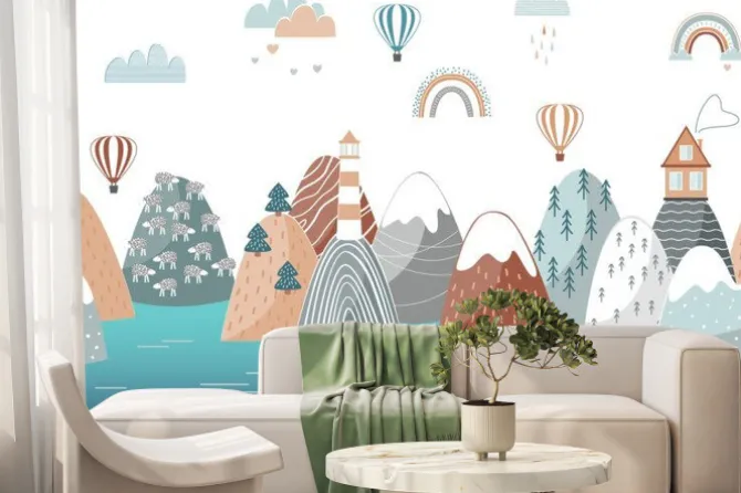 Fototapeta: Cute seamless landscape pattern with sea waves, mountains, lighthouse,