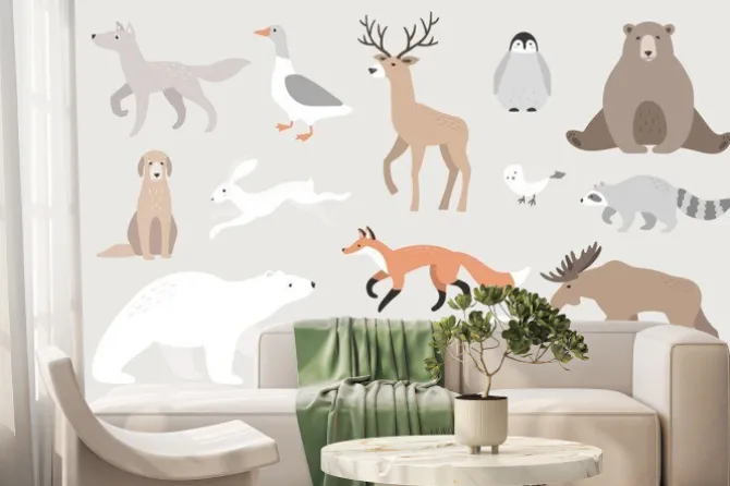 Fototapeta: Cute vector wild animals. wolf, goose, deer, penguin, bear, hare,